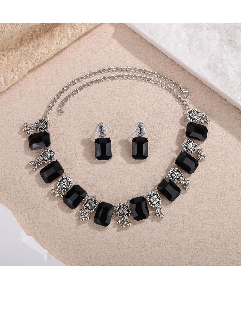 Elegant Black Gem Statement Necklace and Earring Set